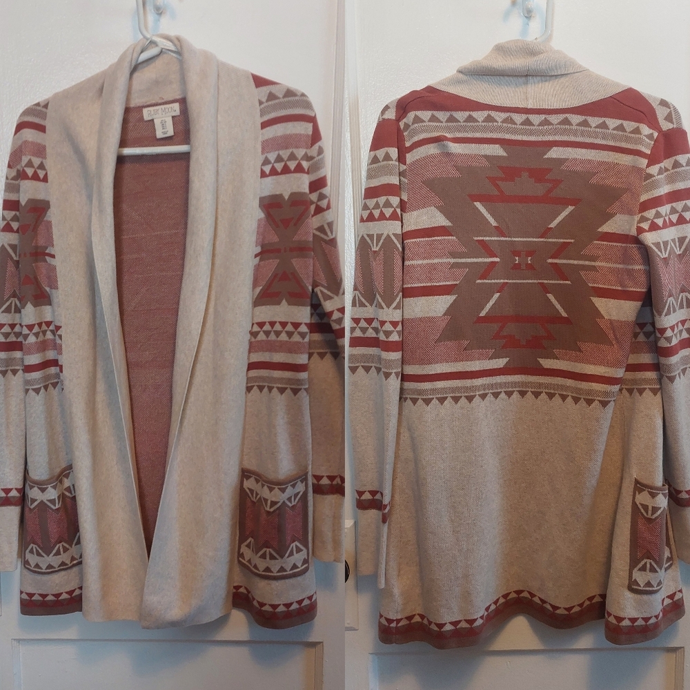 Ruby Moon Long Lined Open Front Tribal Print Cardigan